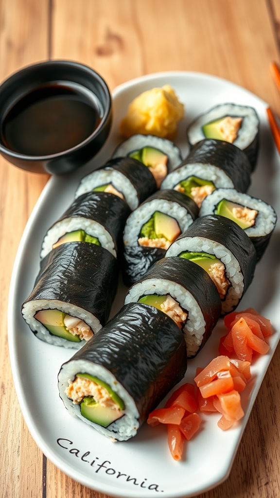 A plate of California roll sushi with avocado, crab, cucumber, soy sauce, wasabi, and pickled ginger on a wooden table.
